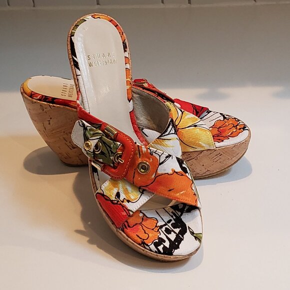 Stuart Weitzman Canvas Floral Print Wedge Sandals Size 6.5 - Picture 13 of 14